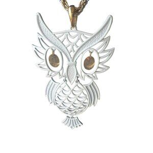 Alan Vintage Owl Articulated Pendant White Gold Tone Chain Unique Necklace